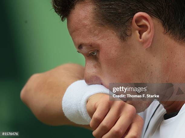 Philipp Kohlschreiber of Germany looks dejected during the final match against Roger Federer of the Gerry Weber Open on June 15, 2008 at the Gerry...