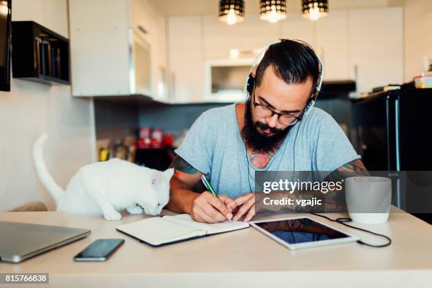 man podcasting at home - cat hipster no stock pictures, royalty-free photos & images