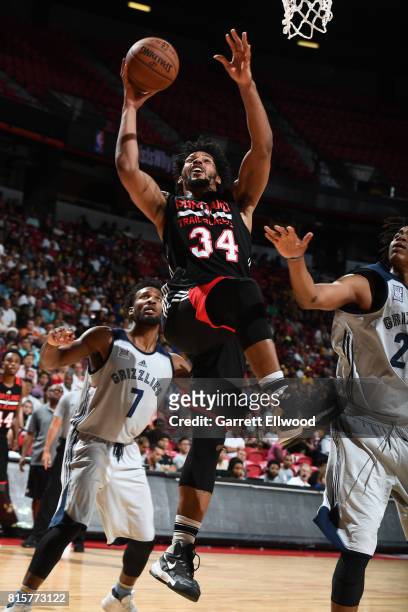 Keith Benson of the Portland Trail Blazers shoots the ball against the Memphis Grizzlies during the 2017 Summer League Semifinals on July 16, 2017 at...