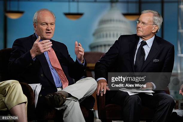 Mike Barnicle of MSNBC News speaks as former NBC Nightly News anchor Tom Brokaw looks on during a taping of "Meet the Press" in memory of the late...