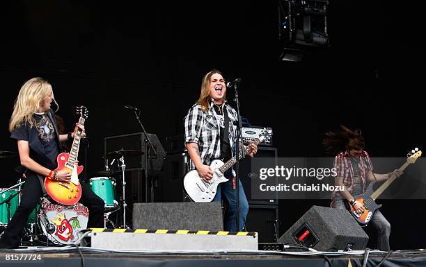 Ben Wells Chris Robertson and Jon Lawhon of Black Stone Cherry perform during Day 3 of Download Festival 2008 on June 15, 2008 in Castle Donington,...