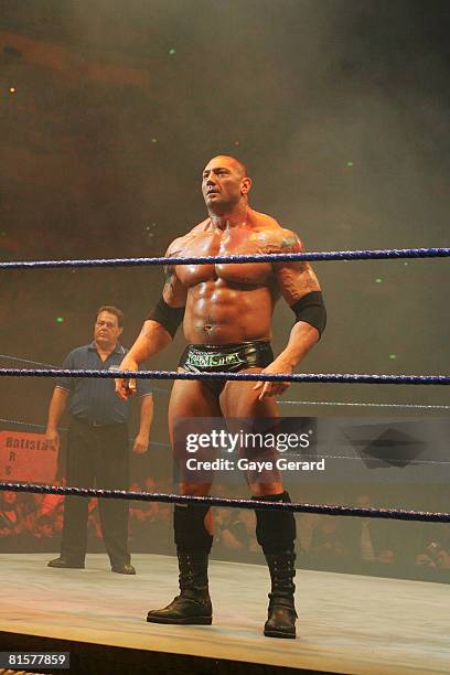 Batista stands in the ring before facing World Heavyweight Champion Edge during WWE Smackdown at Acer Arena on June 15, 2008 in Sydney, Australia.