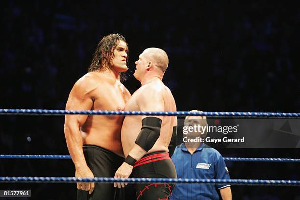 The Great Khali and ECW Champion Kane stare each other down during WWE Smackdown at Acer Arena on June 15, 2008 in Sydney, Australia.