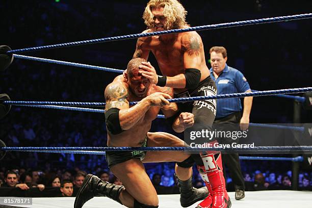 World Heavyweight Champion Edge gets Batista into the ropes during WWE Smackdown at Acer Arena on June 15, 2008 in Sydney, Australia.