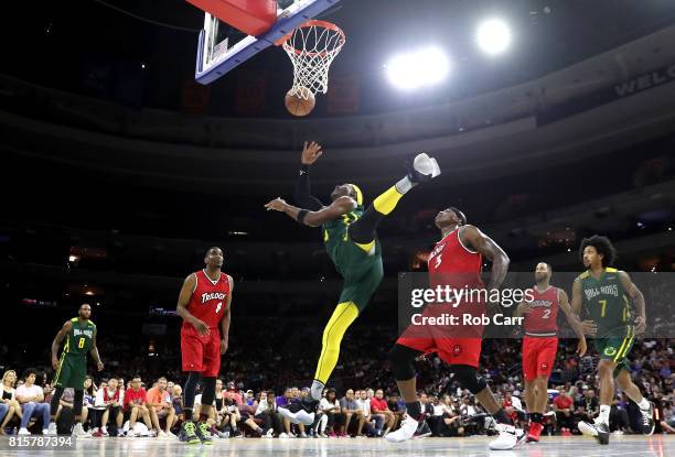 Derrick Byars of the Ball Hogs shoots against Trilogy during week four of the BIG3 three on three basketball league at Wells Fargo Center on July 16,...