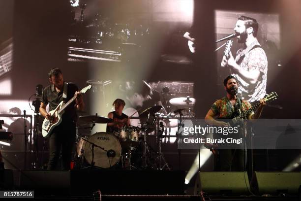 Jimmy Smith, Jack Bevan and Yannis Philippakis of Foals perform at Citadel Festival at Victoria Park on July 16, 2017 in London, England.