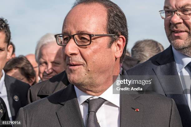 Le Mont-Saint-Michel . . Official visit of Francois Hollande for the inauguration of the Mont-St-Michel after the restortion works of the bay. Tight...