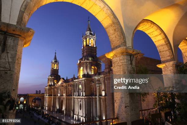 Peru. . Arequipa, called the 'White City', sits at an elevation of 2335 metres, at the bottom of the Misti volcano. The cathedral lit up at night,...