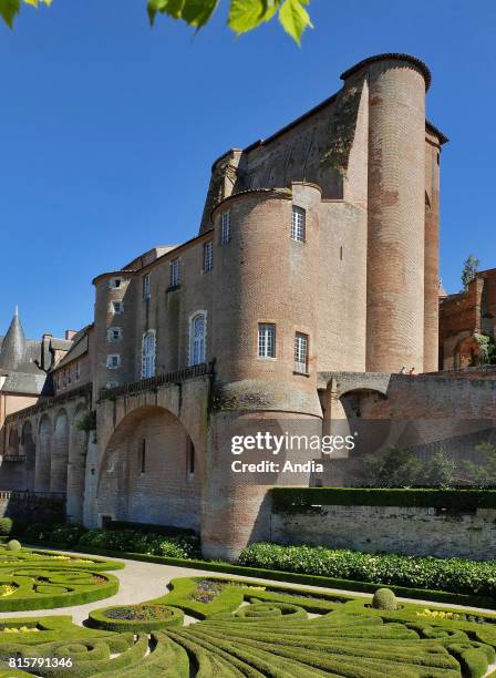 Albi . Palais de la Berbie, former Bishop's Palace now housing the Toulouse-Lautrec Museum with its French formal gardens, under the blue sky. Listed...