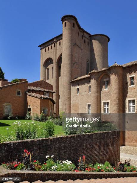 Albi . Palais de la Berbie, former Bishop's Palace now housing the Toulouse-Lautrec Museum with its French formal gardens, under the blue sky. Listed...