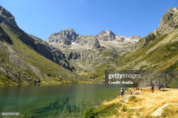 Hautes Pyrenees department : Lake Estom and refuge viewed from the banks of the lake in the Lutour Valley, above Cauterets. In the background, the...