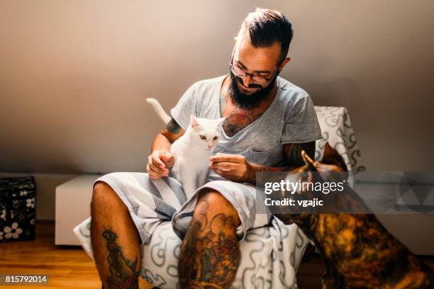 man cuddling with his cat and his dog - hugging a chair stock pictures, royalty-free photos & images