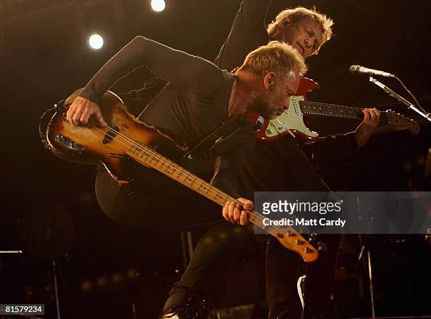 Sting and Andy Summers of The Police perform on the third and final day of the Isle of Wight Festival at Newport, on June 15, 2008 in Isle of Wight,...