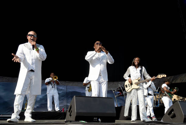 Ralph Johnson, Phillip Bailey and Verdine White of Earth Wind and Fire perform onstage during The Classic West at Dodger Stadium on July 16, 2017 in...