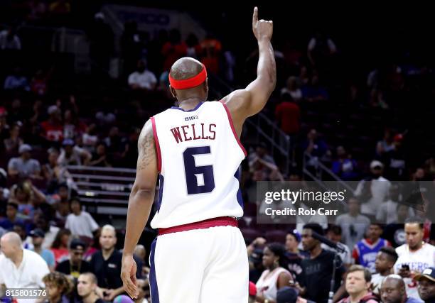 Bonzi Wells of Tri-State celebrates after defeating 3's Companyduring week four of the BIG3 three on three basketball league at Wells Fargo Center on...