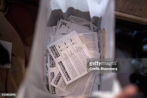 Completed ballots sit in a box shortly after polls close during a symbolic Venezuelan plebiscite in New York, U.S., on Sunday, July 16, 2017. Voting...
