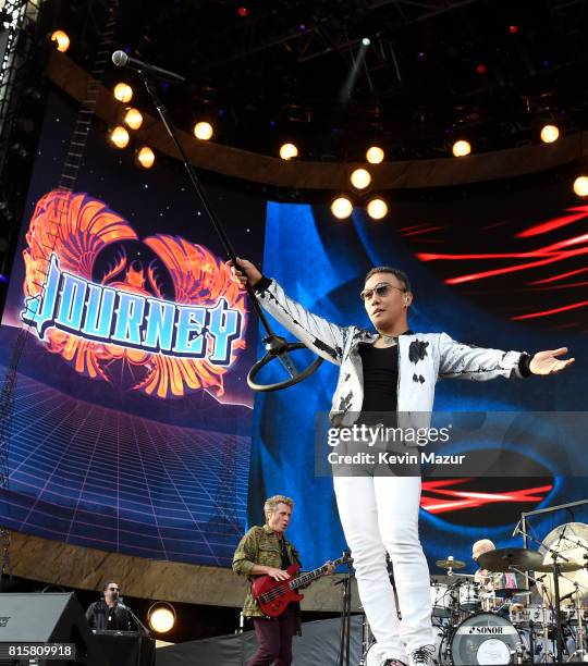 Ross Valory and Arnel Pineda of Journey perform onstage during The Classic West at Dodger Stadium on July 16, 2017 in Los Angeles, California.