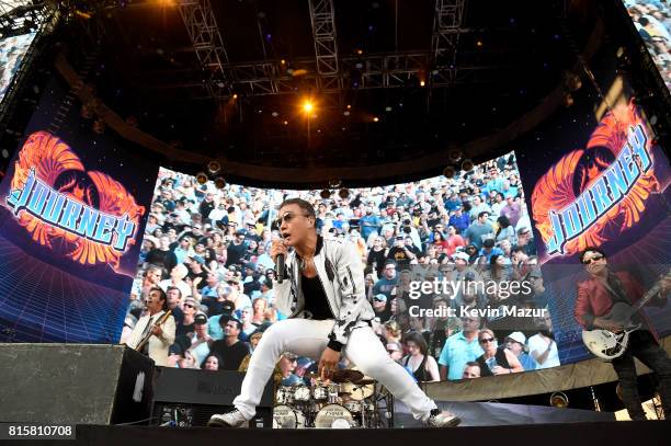 Arnel Pineda and Neal Schon of Journey performs onstage during The Classic West at Dodger Stadium on July 16, 2017 in Los Angeles, California.