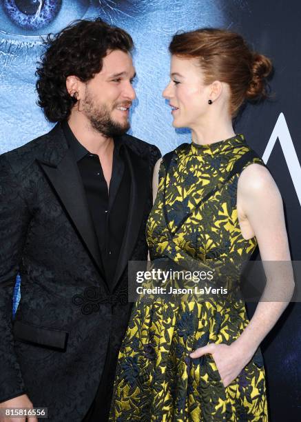 Actor Kit Harington and actress Rose Leslie attend the season 7 premiere of "Game Of Thrones" at Walt Disney Concert Hall on July 12, 2017 in Los...