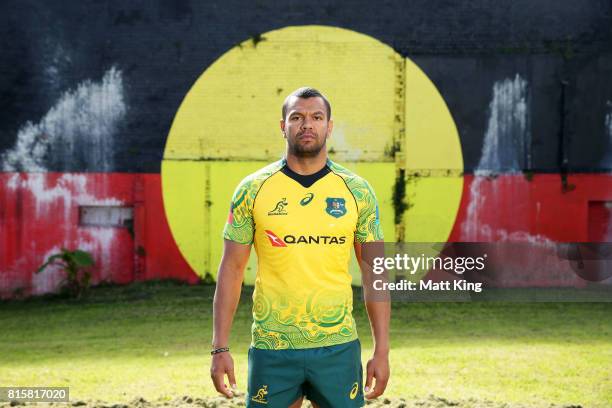 Kurtley Beale poses during the Wallabies Indigenous Jersey Launch at the National Centre of Indigenous Excellence on July 17, 2017 in Sydney,...