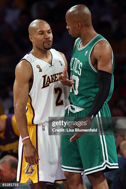 Derek Fisher of the Los Angeles Lakers and Ray Allen of the Boston Celtics exchange words in the second quarter of Game Five of the 2008 NBA Finals...