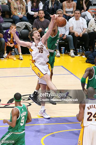 Pau Gasol of the Los Angeles Lakesr blocks the shot of Rajon Rondo of the Boston Celtics in Game Five of the 2008 NBA Finals at Staples Center on...