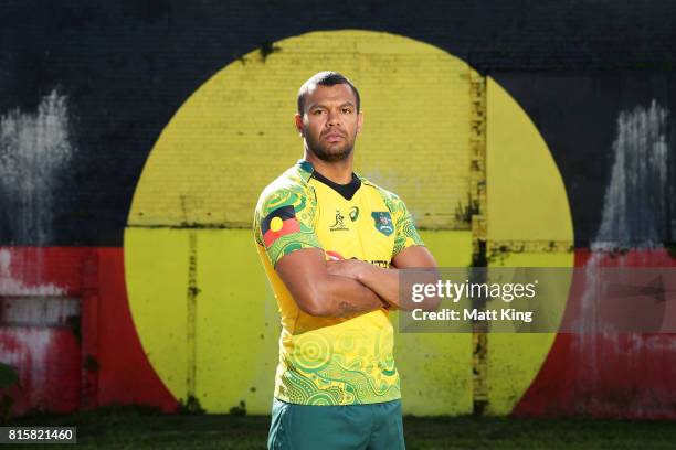 Kurtley Beale poses during the Wallabies Indigenous Jersey Launch at the National Centre of Indigenous Excellence on July 17, 2017 in Sydney,...