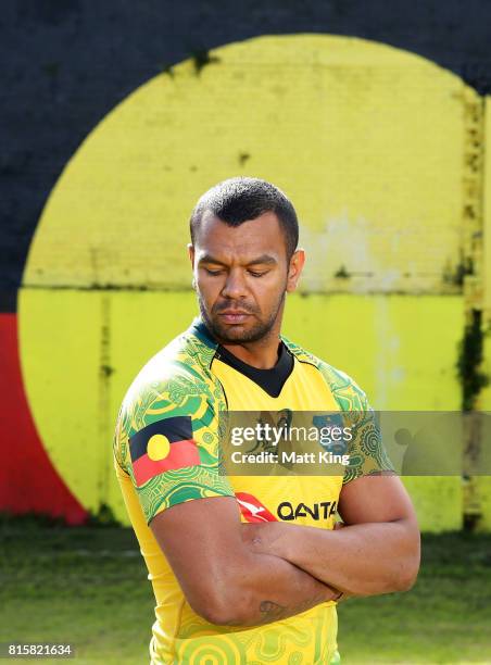 Kurtley Beale poses during the Wallabies Indigenous Jersey Launch at the National Centre of Indigenous Excellence on July 17, 2017 in Sydney,...