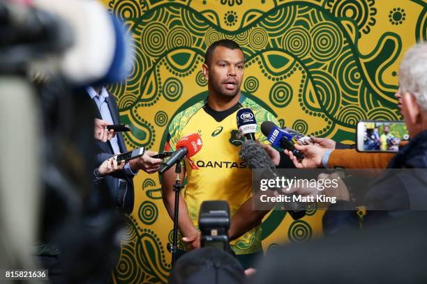 Kurtley Beale speaks to the media during the Wallabies Indigenous Jersey Launch at the National Centre of Indigenous Excellence on July 17, 2017 in...