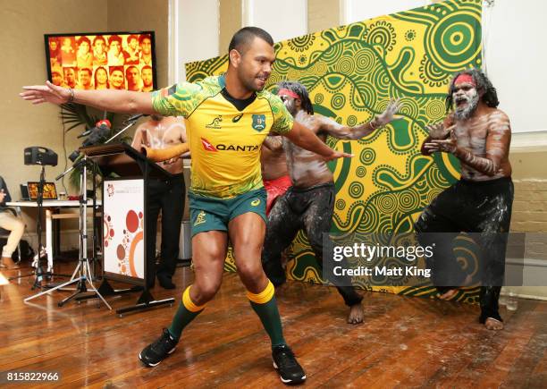 Kurtley Beale dances with Indigenous performers during the Wallabies Indigenous Jersey Launch at the National Centre of Indigenous Excellence on July...