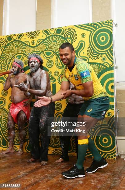 Kurtley Beale dances with Indigenous performers during the Wallabies Indigenous Jersey Launch at the National Centre of Indigenous Excellence on July...