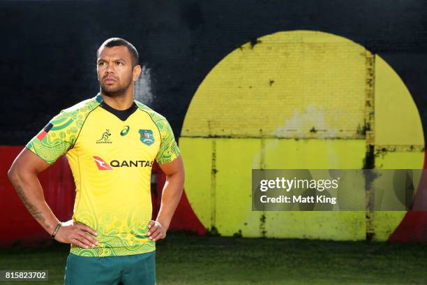 Kurtley Beale poses during the Wallabies Indigenous Jersey Launch at the National Centre of Indigenous Excellence on July 17, 2017 in Sydney,...