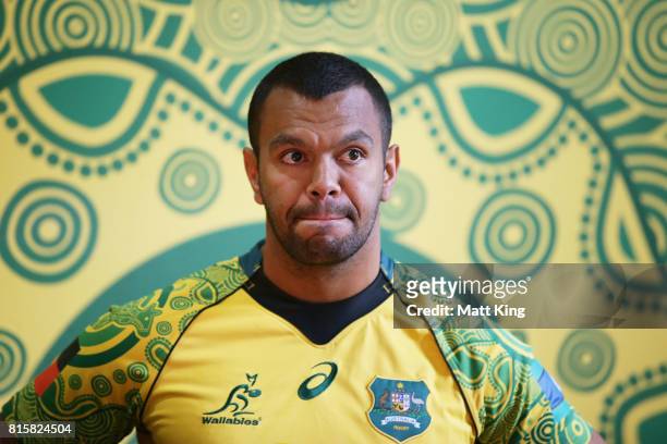 Kurtley Beale speaks on stage during the Wallabies Indigenous Jersey Launch at the National Centre of Indigenous Excellence on July 17, 2017 in...