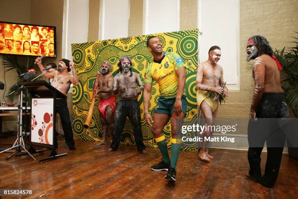 Kurtley Beale dances with Indigenous performers during the Wallabies Indigenous Jersey Launch at the National Centre of Indigenous Excellence on July...