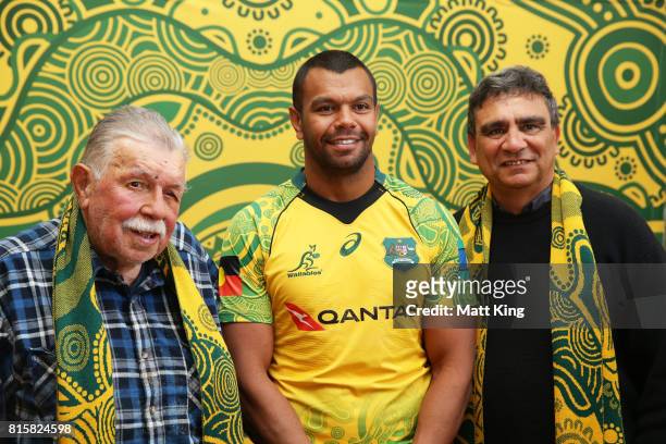 Kurtley Beale poses with former Wallabies Lloyd McDermott and Gary Ella during the Wallabies Indigenous Jersey Launch at the National Centre of...