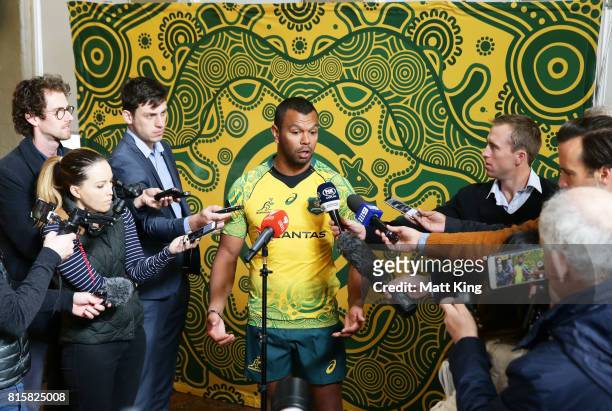 Kurtley Beale speaks to the media during the Wallabies Indigenous Jersey Launch at the National Centre of Indigenous Excellence on July 17, 2017 in...