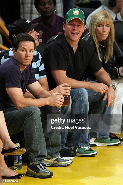 Actors Mark Wahlberg and Matt Damon attend Game Five of the 2008 NBA Finals between the Boston Celtics and the Los Angeles Lakers on June 15, 2008 at...