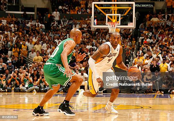 Kobe Bryant of the Los Angeles Lakers drives against Ray Allen of the Boston Celtics in Game Five of the 2008 NBA Finals on June 15, 2008 at Staples...