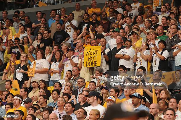 Los Angeles Lakers fans hold up signs while the Lakers take on the Boston Celtics in Game Five of the 2008 NBA Finals at Staples Center June 15, 2008...