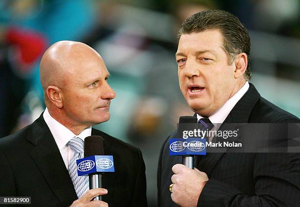 Channel Nine commentators Peter Sterling and Phil Gould talk on camera before the round 14 NRL match between the Sydney Roosters and the Penrith...