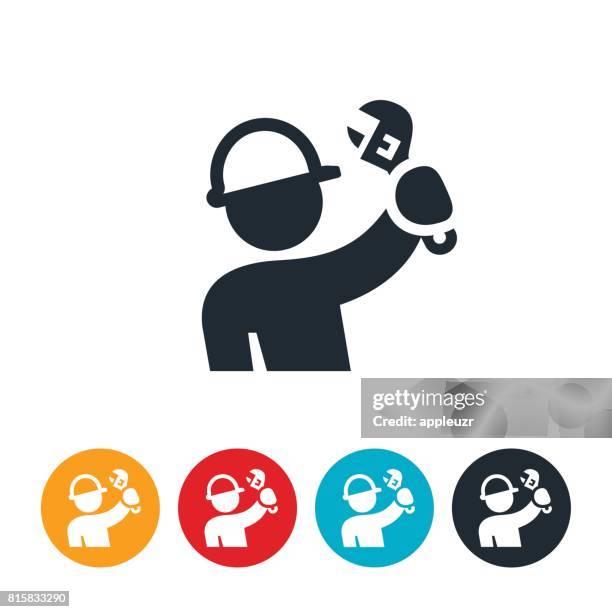construction worker with wrench icon - holding wrench stock illustrations