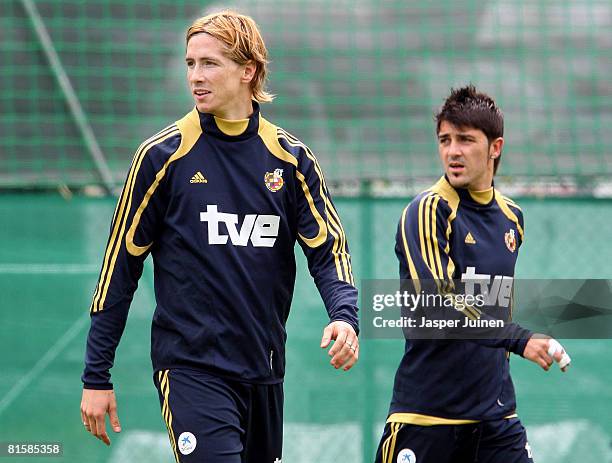 Fernando Torres of Spain walks next to his teammate David Villa during a training session on June 16, 2008 in Neustift im Stubaital, Austria. Spain...