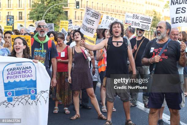 Protesters take part at the 'Caravana opening borders' in Seville, Spain, on 15 July 2017. The caravan manifestation opening borders, is a...