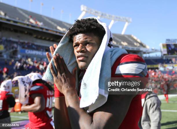 Louisville quarterback and Heisman trophy winner Lamar Jackson leaves the field after a 29-9 loss against LSU in the Buffalo Wild Wings Citrus Bowl...