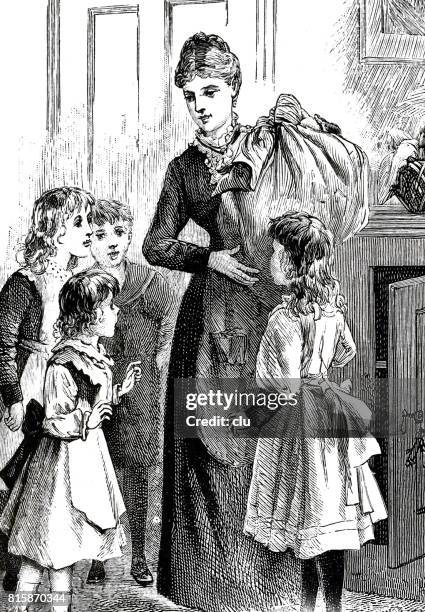 mother coming home with sack welcomed by happy kids - 1891 stock illustrations