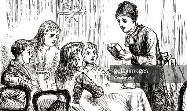 mother in dining room showing a wrapped gift to the kids - 1891 stock illustrations