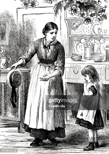 mother talking to her daughter in kitchen, holding a hat - asking mom stock illustrations