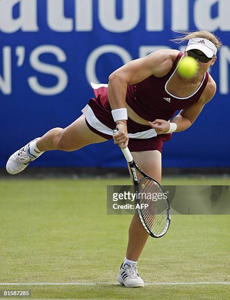 Australian tennis player Samantha Stosur in action against British tennis player Katie O'Brien during the first day of the International Women's...