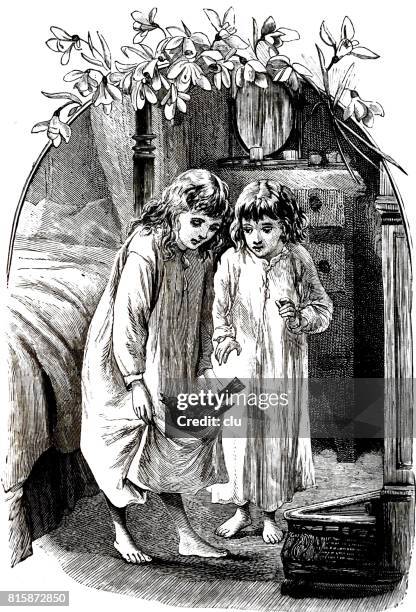 two girls in  bedroom at night having discovered a bird - 1891 stock illustrations