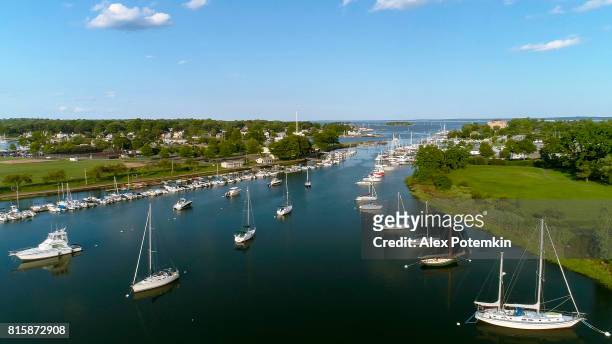 the aerial view to the yachts in the marina in mamaroneck, westchester, new york, usa. - mamaroneck stock pictures, royalty-free photos & images